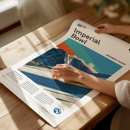 Stylized skiing scene at Imperial Bowl, Breckenridge, featuring bold colors, dynamic composition, and adventurous mood.