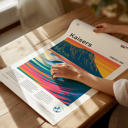 Kaisers, Hawaii Poster | Golden Surf & Diamond Head Wall Art — giclée print detail on matte paper