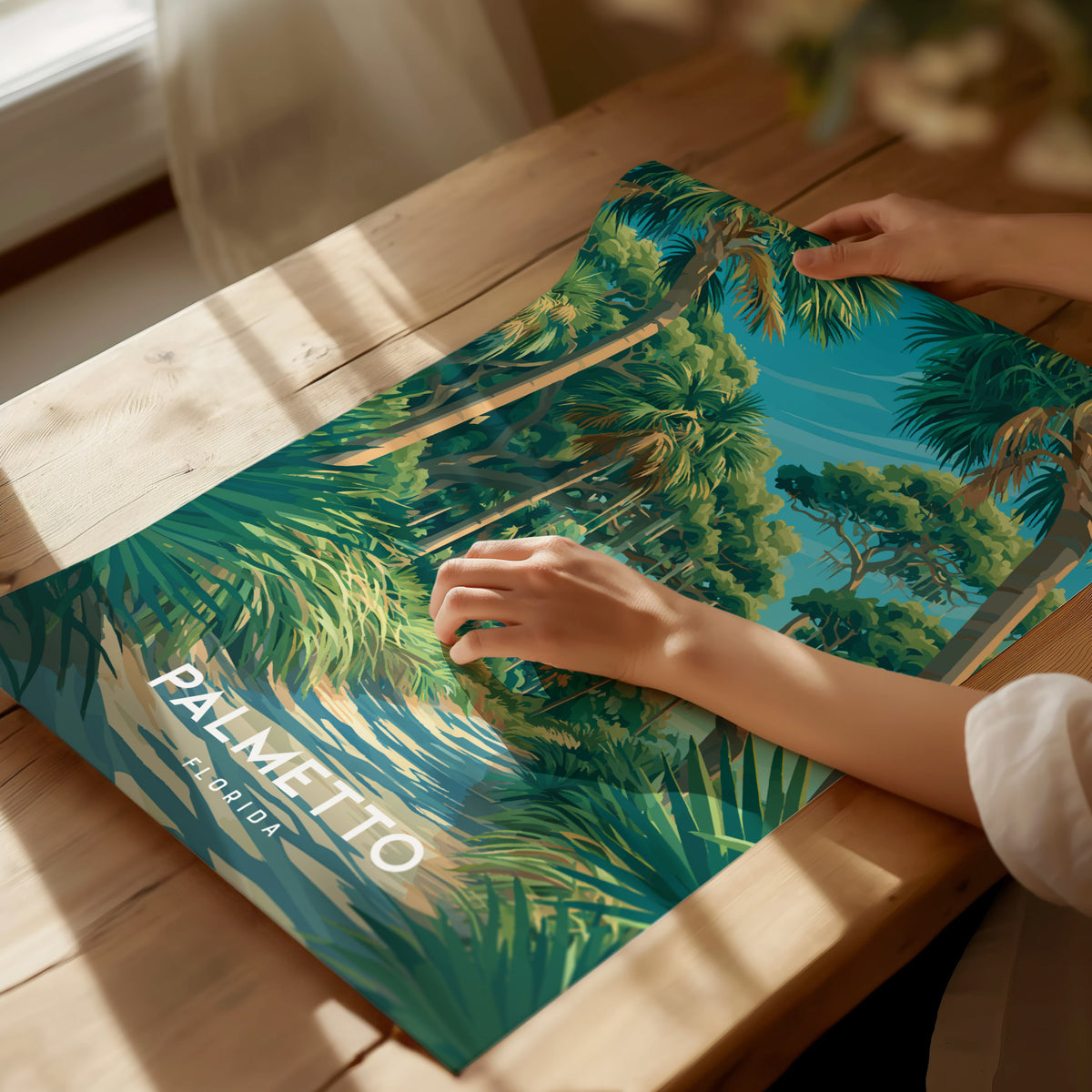 Palmetto, Florida Poster | River Town & Palms Coastal Wall Art — giclée print detail on matte paper