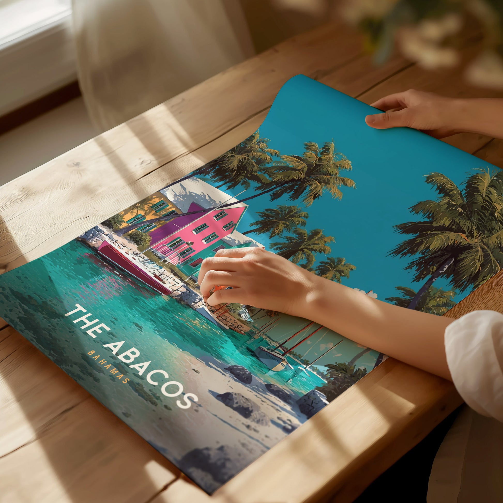 Vibrant Abacos Bahamas travel print featuring colorful houses, palm trees, and boats, evoking a tropical waterfront paradise.