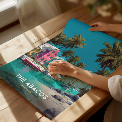 Vibrant Abacos Bahamas travel print featuring colorful houses, palm trees, and boats, evoking a tropical waterfront paradise.