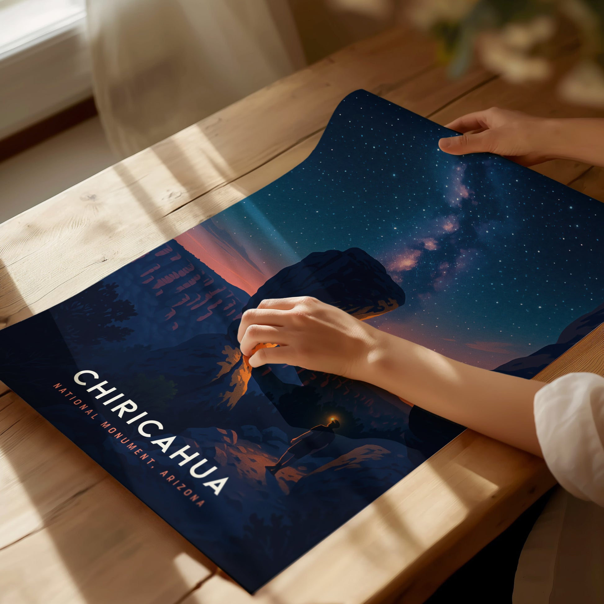 Chiricahua National Monument night scene poster, featuring towering rock formations, a person with a lantern, and a vibrant Milky Way sky.