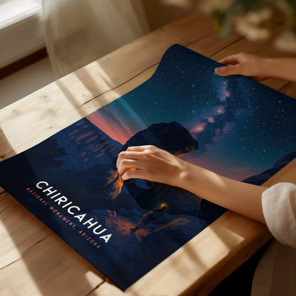 Chiricahua National Monument night scene poster, featuring towering rock formations, a person with a lantern, and a vibrant Milky Way sky.