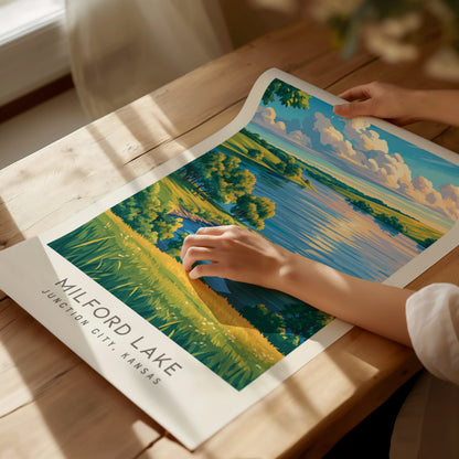 Milford Lake Matte Border Poster | Junction City, Kansas Travel Wall Art — giclée print detail on matte paper