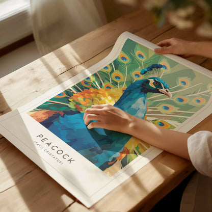 Vibrant peacock art print featuring bold blue, green, yellow, and orange feathers, perfect wildlife decor for nature lovers.