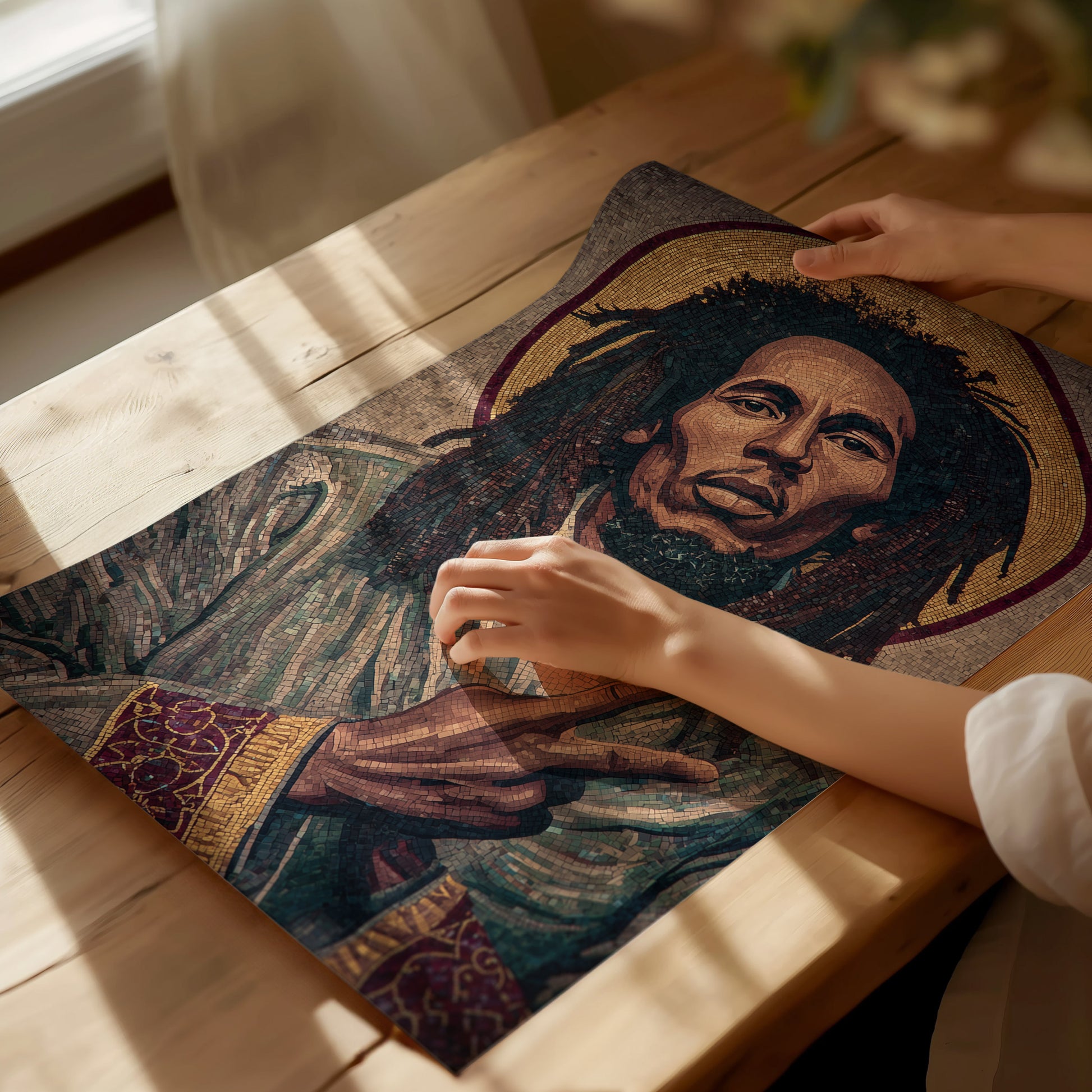 Mosaic portrait art of Bob Marley with dreadlocks and a peace sign, featuring earthy tones and a golden halo, ideal for wall decor.
