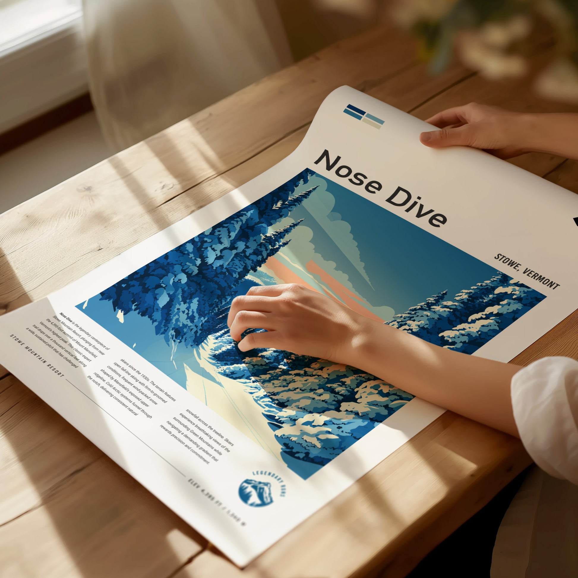 Nose Dive, Stowe, Vermont Poster | Bold Ski Run Mountain Wall Art — giclée print detail on matte paper