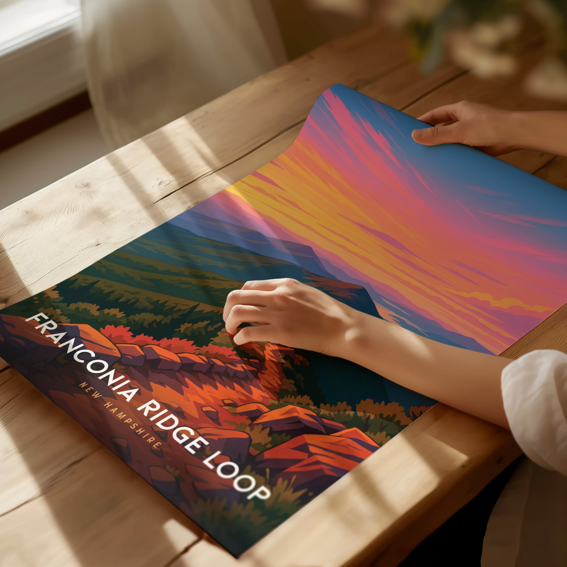 Stylized Franconia Ridge Loop poster showcasing vibrant mountains and a winding trail, perfect for travel art enthusiasts.