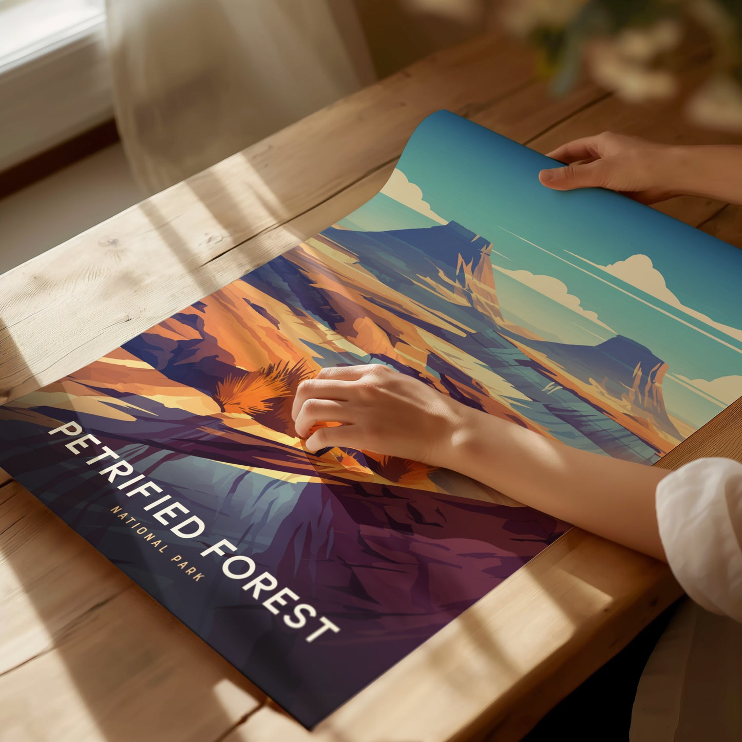 A person unrolls a colorful Petrified Forest National Park poster on a wooden table, featuring vibrant desert landscapes under a bright sky. Sunlight streams in through a nearby window.