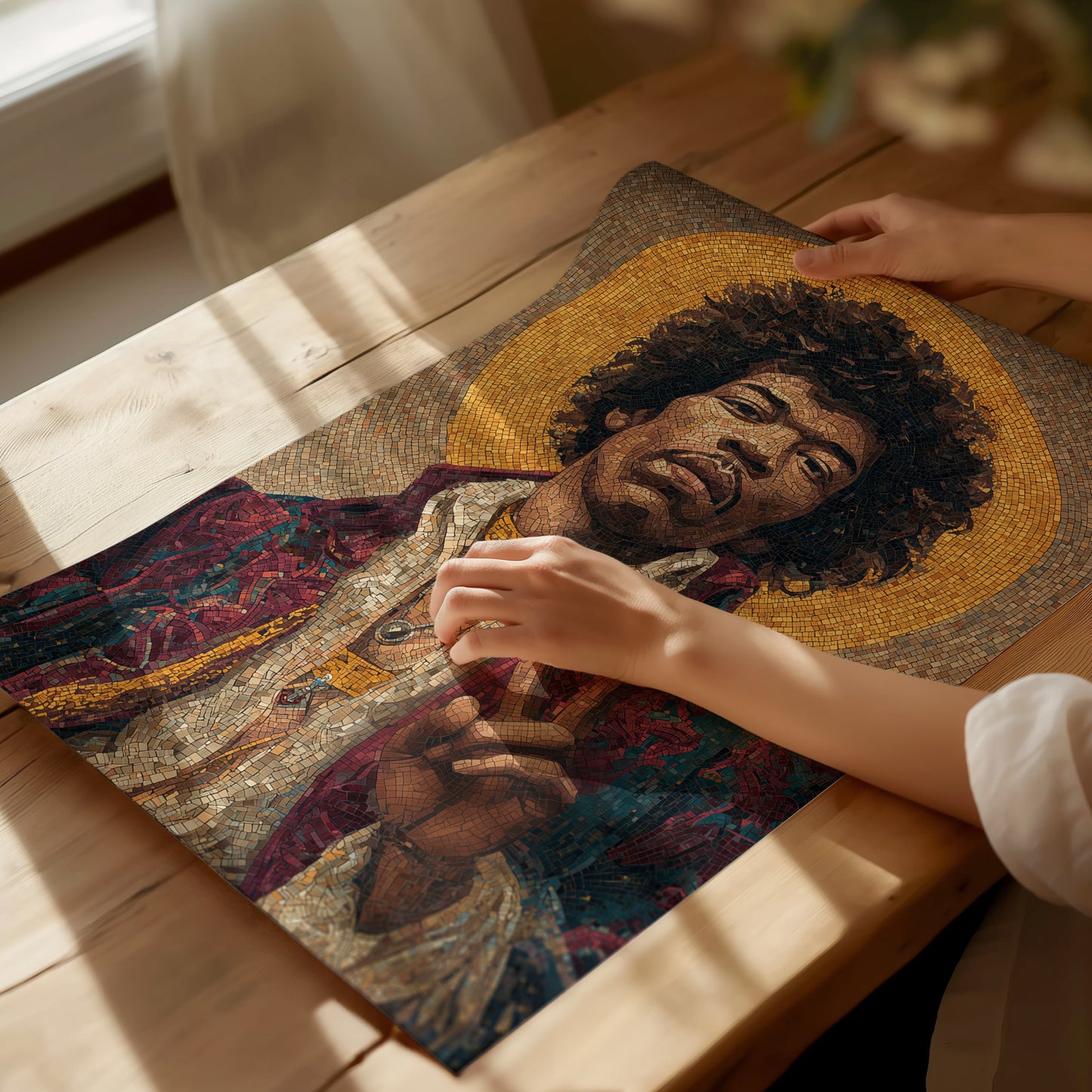 Byzantine-style mosaic portrait of Jimi Hendrix, showcasing vibrant colors and a peace sign gesture, part of the Rock Gods collection.