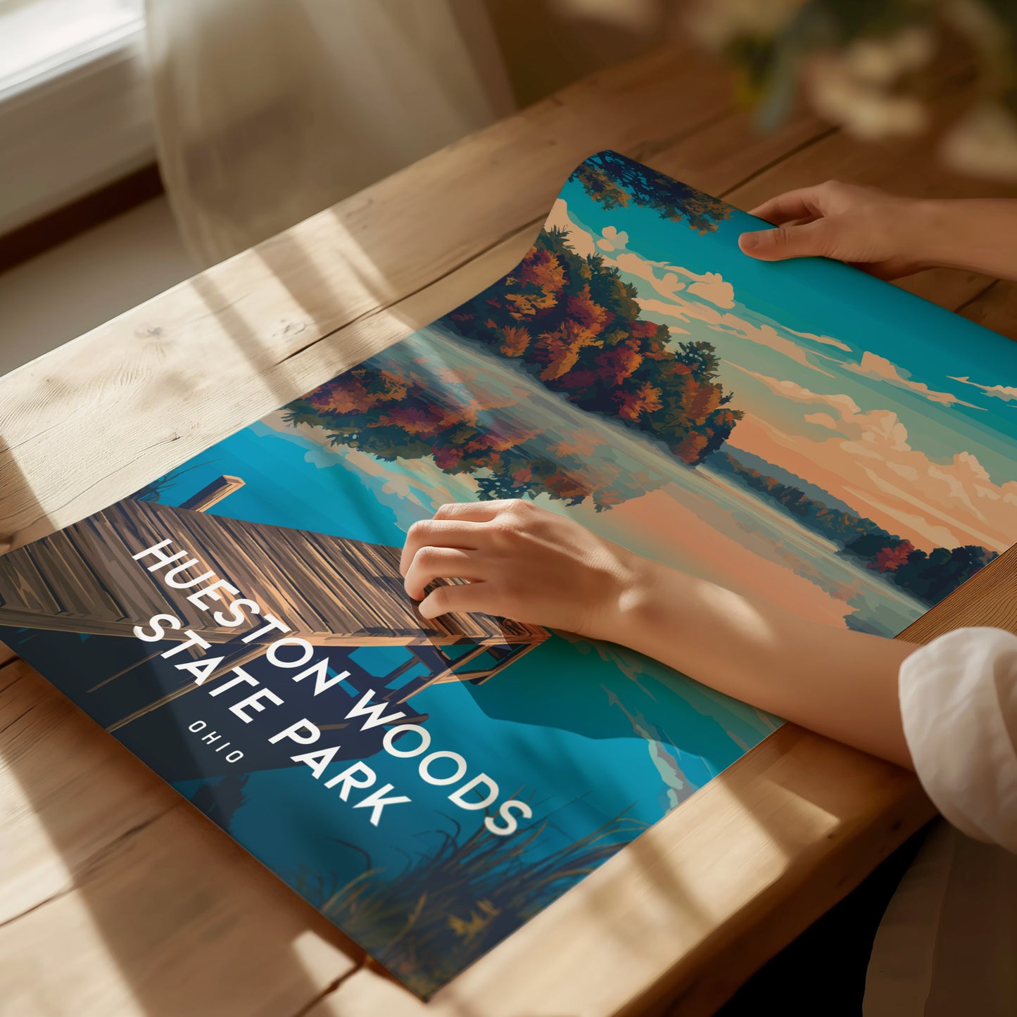Hueston Woods State Park, Ohio Poster | Forest Lake Wilderness Retreat Wall Art — giclée print detail on matte paper