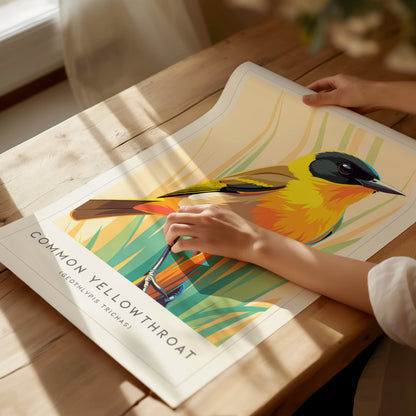 Common Yellowthroat, Geothlypis trichas Poster | Vibrant Warbler Nature Poster Wall Art — giclée print detail on matte paper
