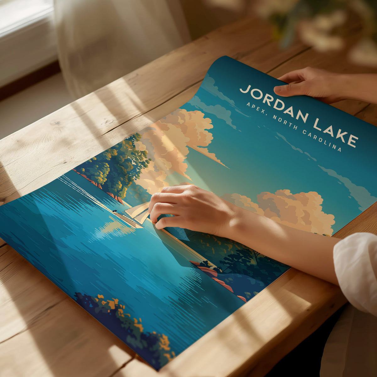 Jordan Lake, Apex, North Carolina Poster | Lakeside Serenity Travel Wall Art — giclée print detail on matte paper