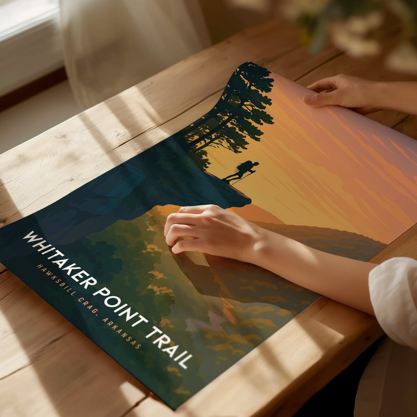 Framed Whitaker Point Arkansas poster featuring a hiker on Hawksbill Crag, vibrant sunset colors, and lush green trees, ideal travel art.