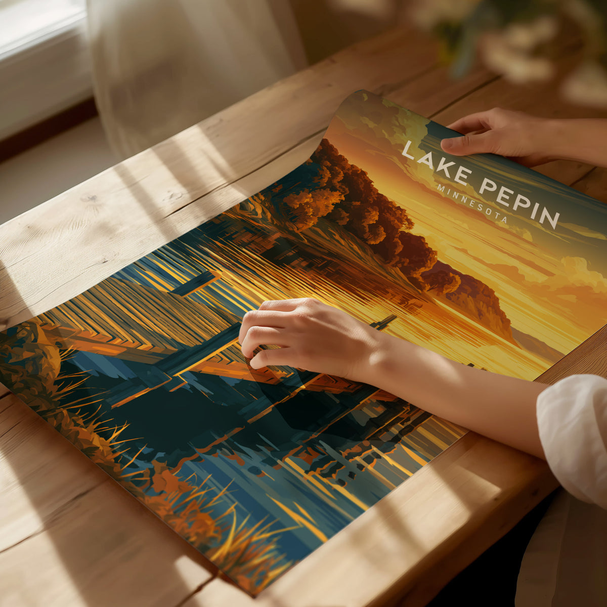 Lake Pepin, Minnesota Poster | Bluffs & Blue Water Travel Wall Art — giclée print detail on matte paper