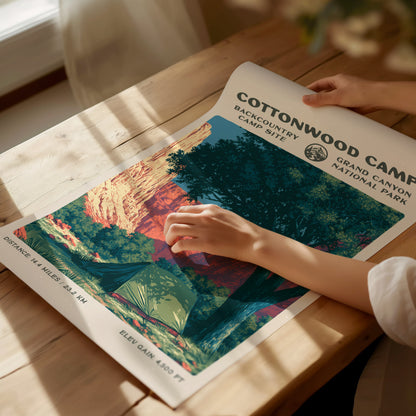Cottonwood Camp, Grand Canyon National Park Poster | Camper Gift | Backcountry Canyon Trail Wall Art — giclée print detail on