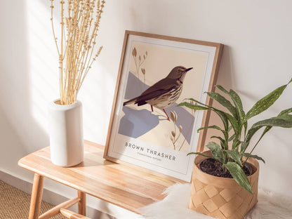 Brown Thrasher Songbird Modern Framed Poster | Minimalist Bird Illustration Wall Art | Nature Lover Farm House Cottagecore Home Decor Print