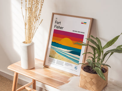 Fort Fisher, Kure Beach, North Carolina Poster | Surf Wall Art & Coastal Waves Print — styled in a modern interior