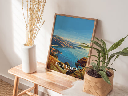 Avila Beach, California Poster | Golden Shore & Pier Coastal Wall Art — styled in a modern interior