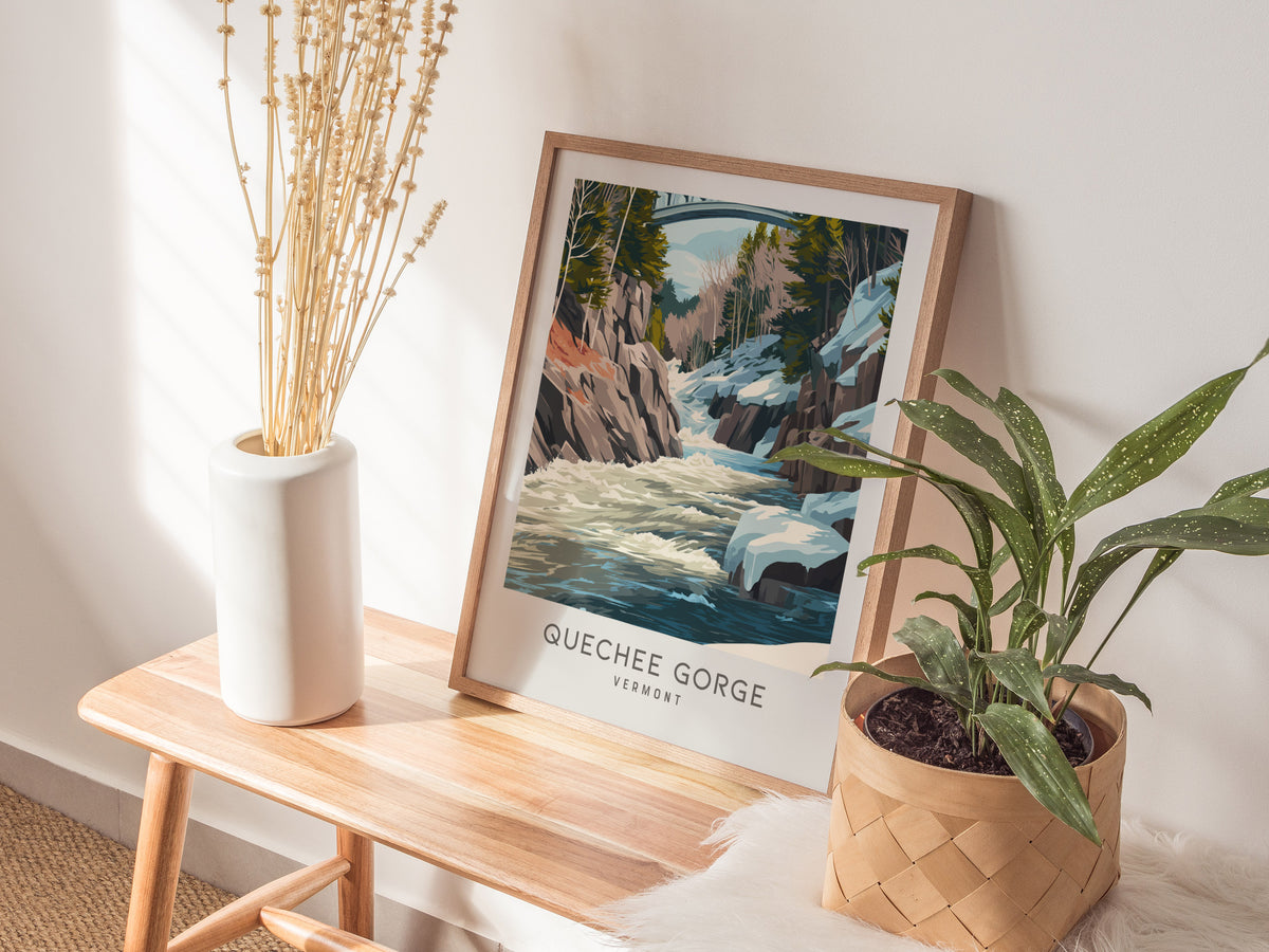 Quechee Gorge Matte Border Poster | Vermont Destination Print Travel Wall Art — styled in a modern interior