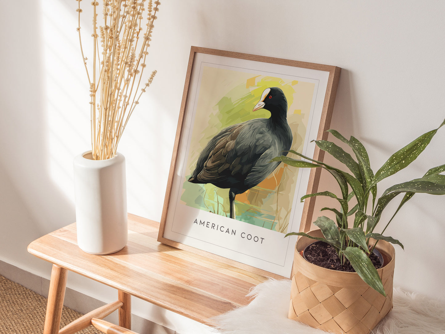 American Coot Poster | Waterbird on a Quiet Marsh Wall Art — styled in a modern interior