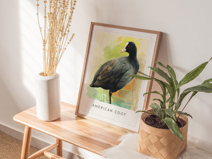 American Coot Poster | Waterbird on a Quiet Marsh Wall Art — styled in a modern interior