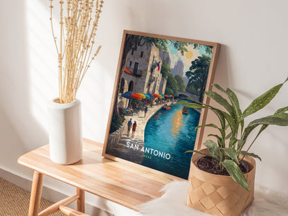 San Antonio River Walk, Texas Poster | Vibrant Waterway Destination Print Wall Art — styled in a modern interior