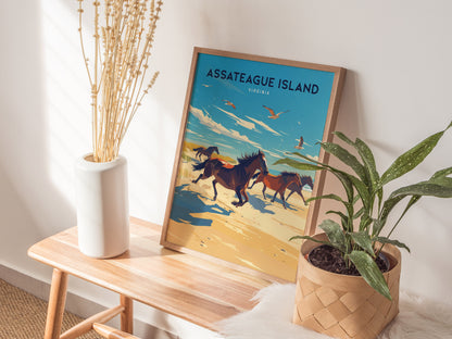 A framed Assateague Island poster featuring wild horses on a beach is displayed on a wooden bench, accompanied by a white vase with dried flowers and a potted plant.
