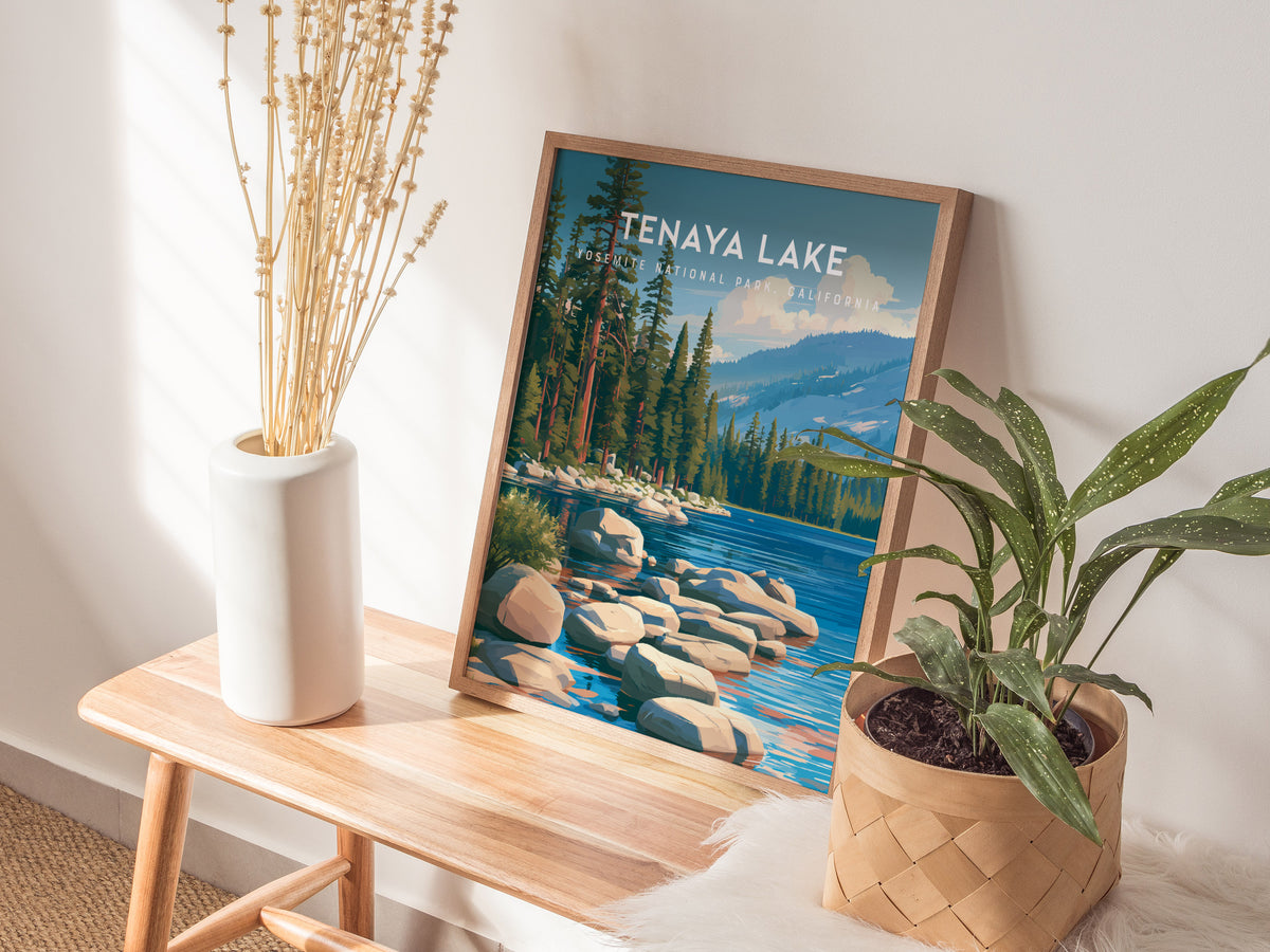 Tenaya Lake, Yosemite National Park, California Poster | Mountain Lake Vacation Wall Art — styled in a modern interior