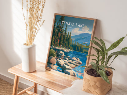 Tenaya Lake, Yosemite National Park, California Poster | Mountain Lake Vacation Wall Art — styled in a modern interior
