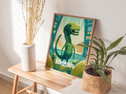 Cute Alien Xenomorph Poster | Kids Room Sci-Fi Creature Wall Art | Framed or Unframed