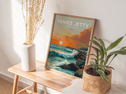 Venice Jetty Poster | Sarasota Florida Surf Art | Framed or Unframed