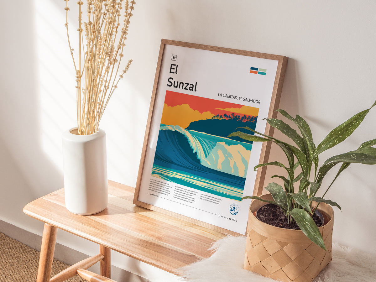 El Sunzal, La Libertad, El Salvador Poster | Tropical Surf Wall Art — styled in a modern interior