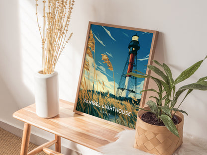 Sanibel Lighthouse, Florida Poster | Gulf Coast Beacon Coastal Decor Wall Art — styled in a modern interior
