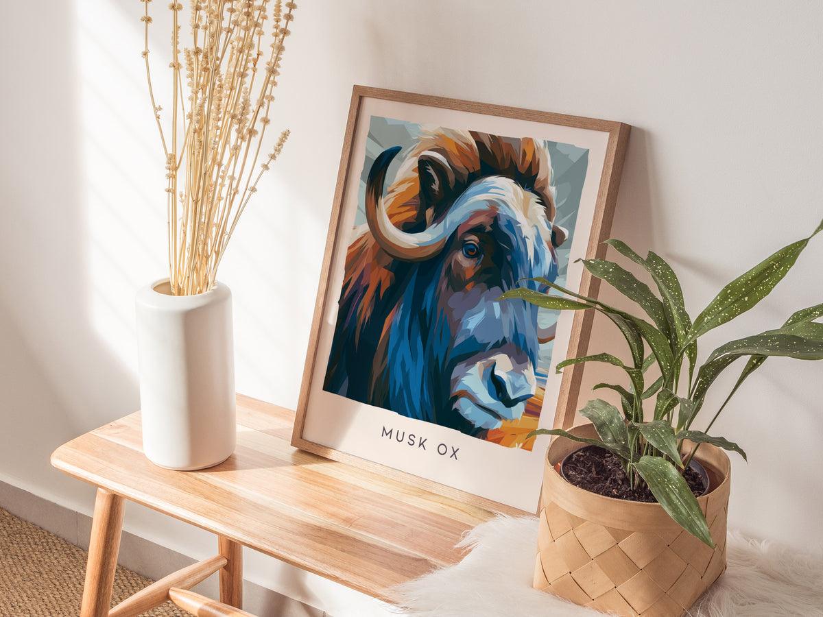 Musk Ox, Ovibos moschatus Poster | Arctic Tundra Wildlife Wall Art — styled in a modern interior