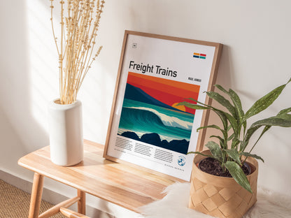 Stylized Maui sunset with vibrant orange and teal waves, capturing the energy of surf art in a minimalist frame. Ideal surfer gift.