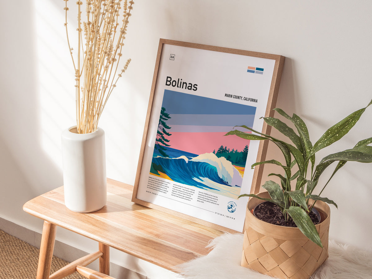 Bolinas, Marin County, California Poster | Misty Cliffs & Surf Wall Art — styled in a modern interior