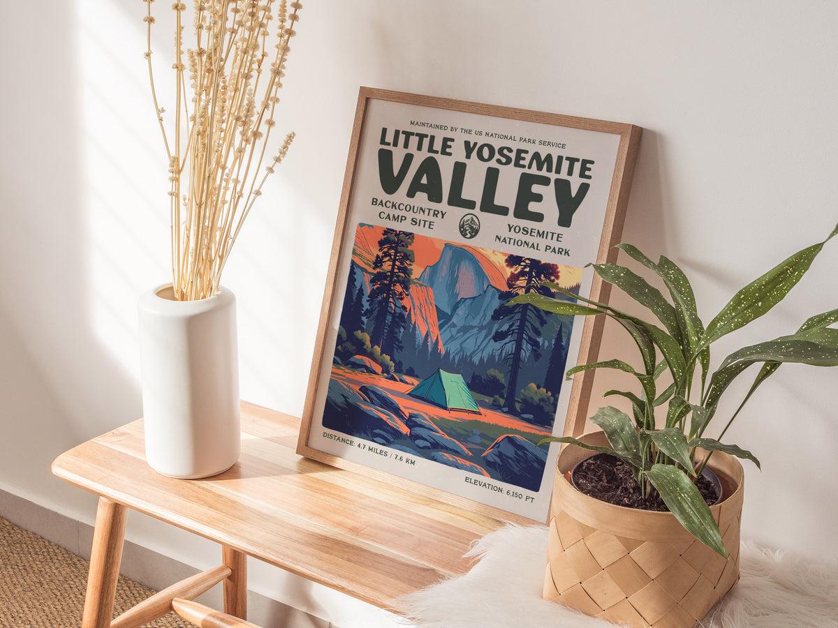 Little Yosemite Valley, Yosemite National Park Poster | Hiker Gift | Backcountry Trail Wall Art — styled in a modern interior