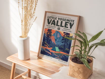 Little Yosemite Valley, Yosemite National Park Poster | Hiker Gift | Backcountry Trail Wall Art — styled in a modern interior
