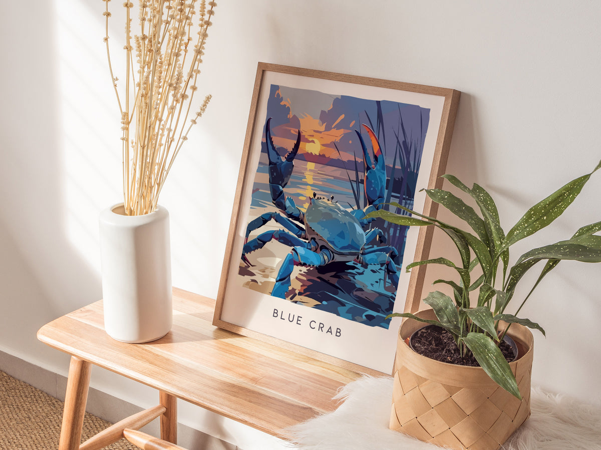Blue Crab, Callinectes sapidus Poster | Coastal Wildlife Wall Art — styled in a modern interior