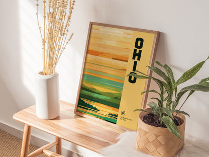 A minimalist Ohio poster with green and yellow tones rests on a wooden bench next to a white vase with dried flowers and a potted plant.