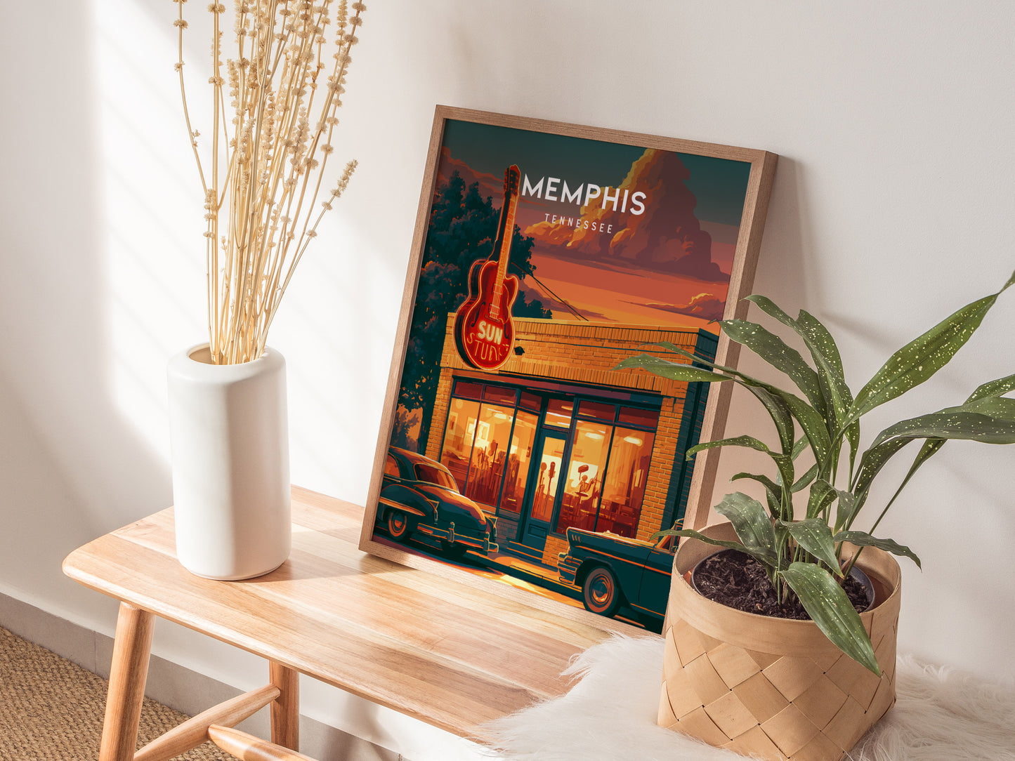 Memphis, Tennessee Poster | Blues & Beale Street Sunset Wall Art — styled in a modern interior