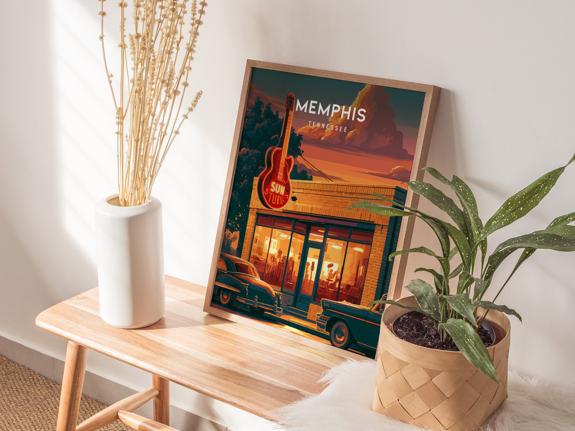Memphis, Tennessee Poster | Blues & Beale Street Sunset Wall Art — styled in a modern interior