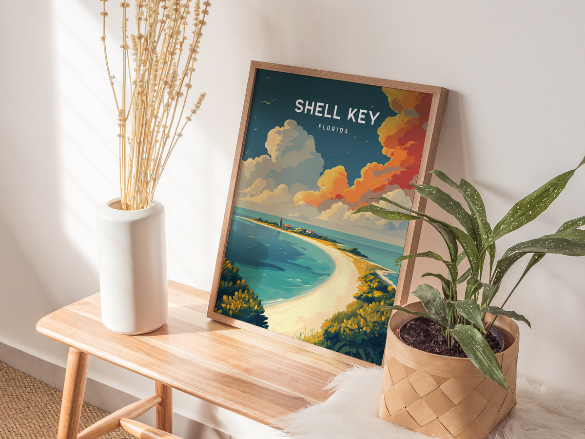 Shell Key, Florida Poster | Secluded Island & Shorebirds Wall Art — styled in a modern interior