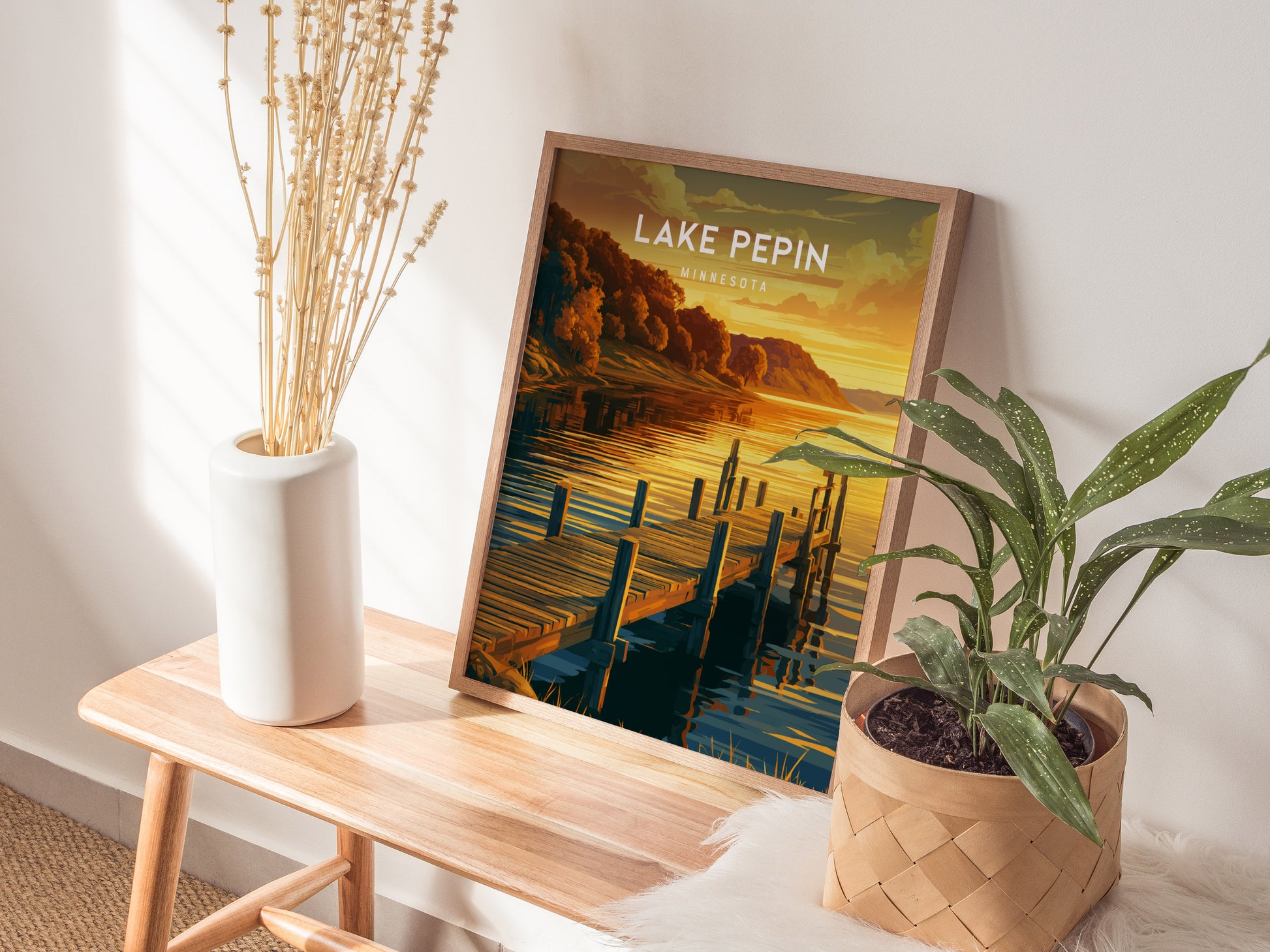 Lake Pepin, Minnesota Poster | Bluffs & Blue Water Travel Wall Art — styled in a modern interior