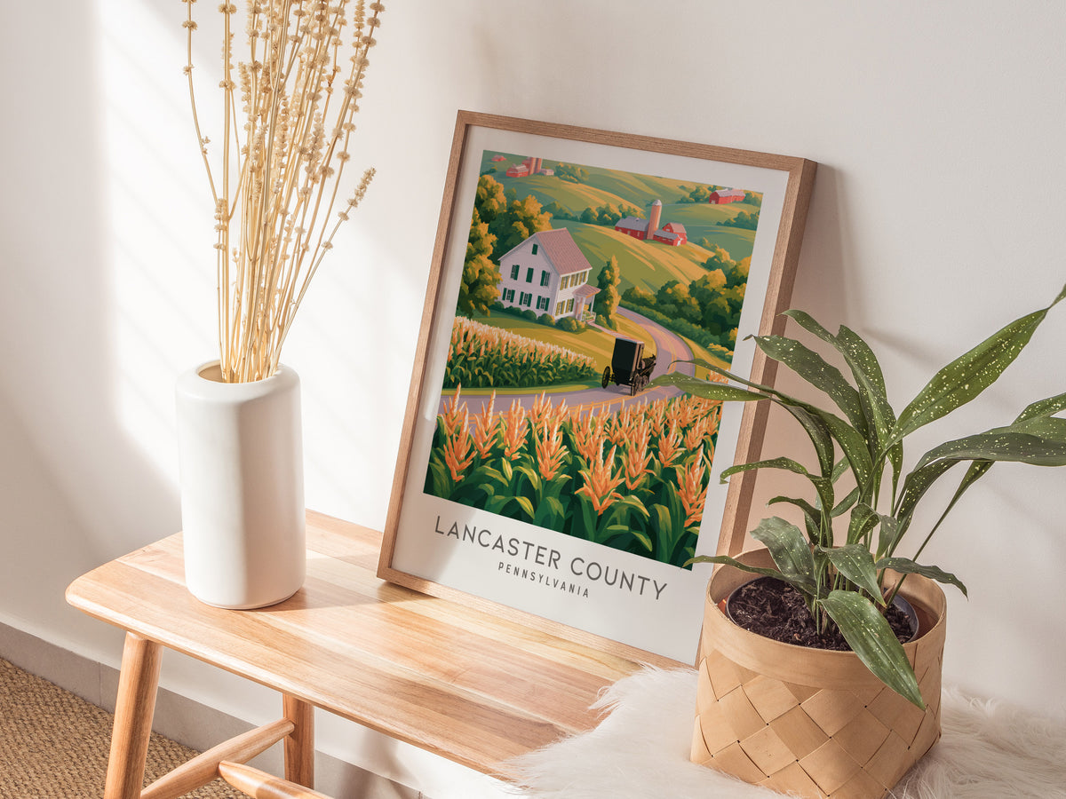 Lancaster County Matte Border Poster | Pennsylvania Destination Print Travel Wall Art — styled in a modern interior