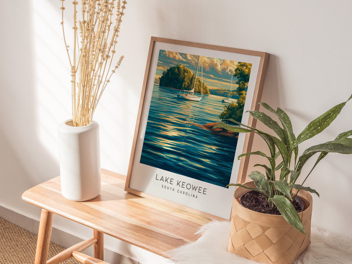 Lake Keowee Matte Border Poster | South Carolina Travel Wall Art — styled in a modern interior