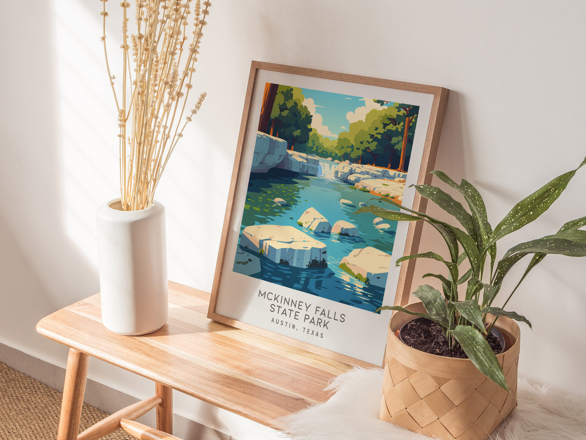 McKinney Falls State Park Matte Border Poster | Austin, Texas Destination Print Travel Wall Art — styled in a modern interior