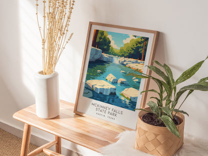McKinney Falls State Park Matte Border Poster | Austin, Texas Destination Print Travel Wall Art — styled in a modern interior