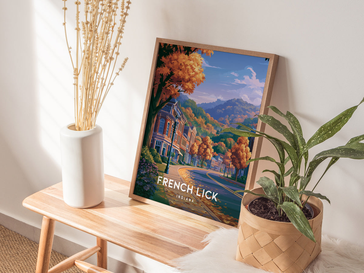 French Lick, Indiana Poster | Historic Springs Resort Town Wall Art — styled in a modern interior